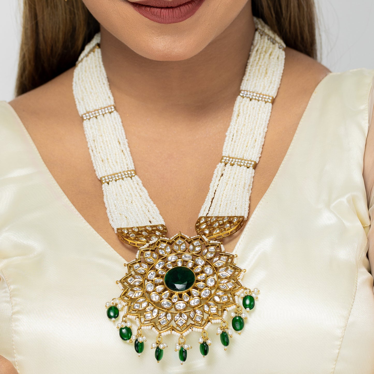 Zevar Club Radiant Long Emerald Kundan Fine Pearls Set