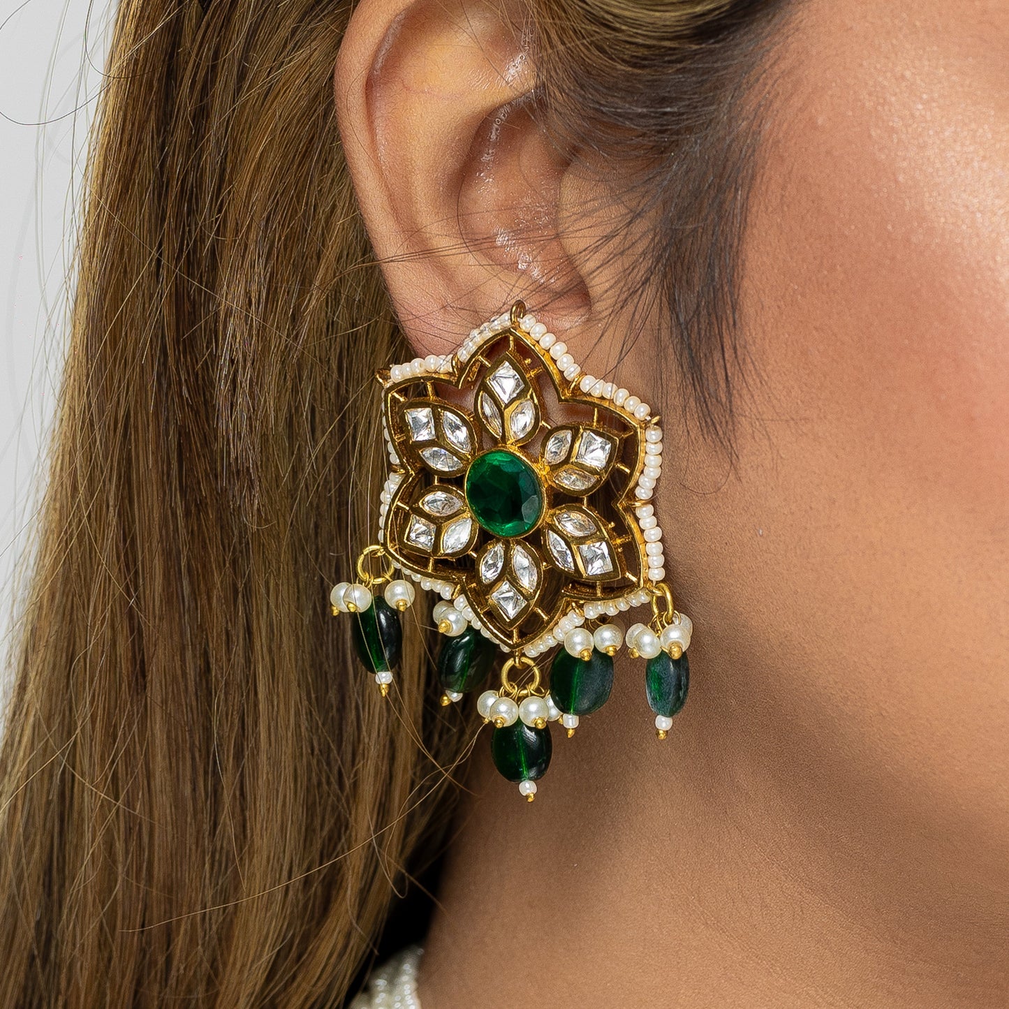 Zevar Club Radiant Long Emerald Kundan Fine Pearls Set