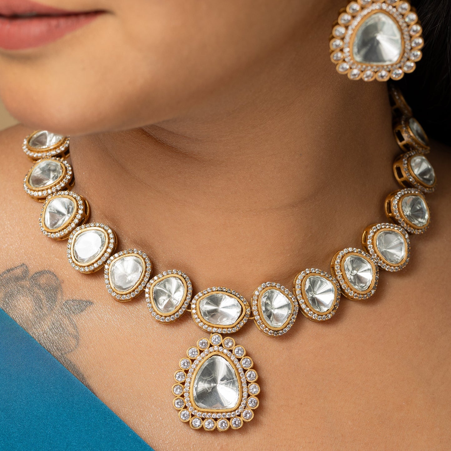 Zevar Club Ambani Inspired Neutral Faux Kundan Jewellery Set