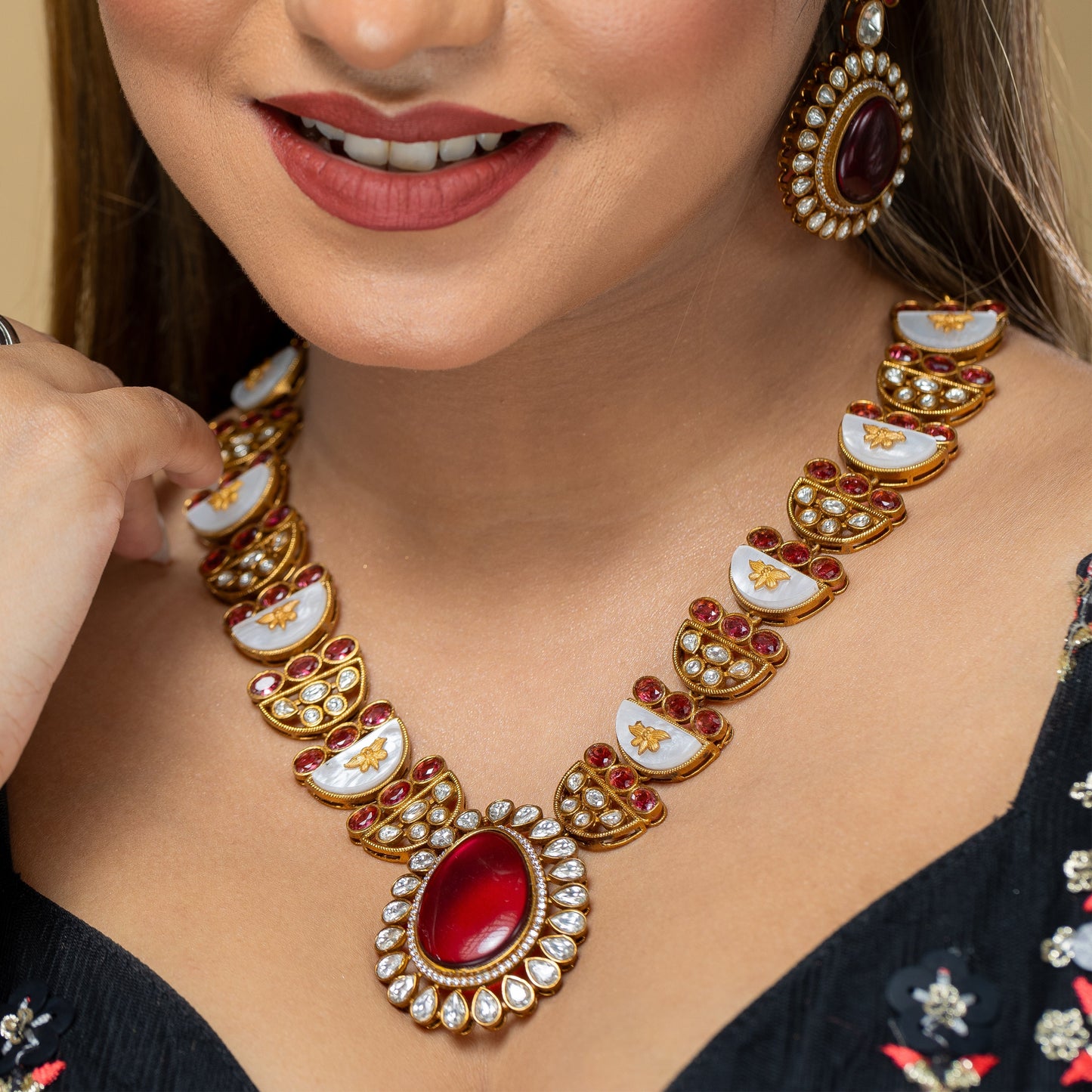 Zevar Club Sleek Red and Ivory Handcrafted Kundan