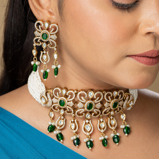 Zevar Club Glitzy Victorian Green Pearl Kundan Choker