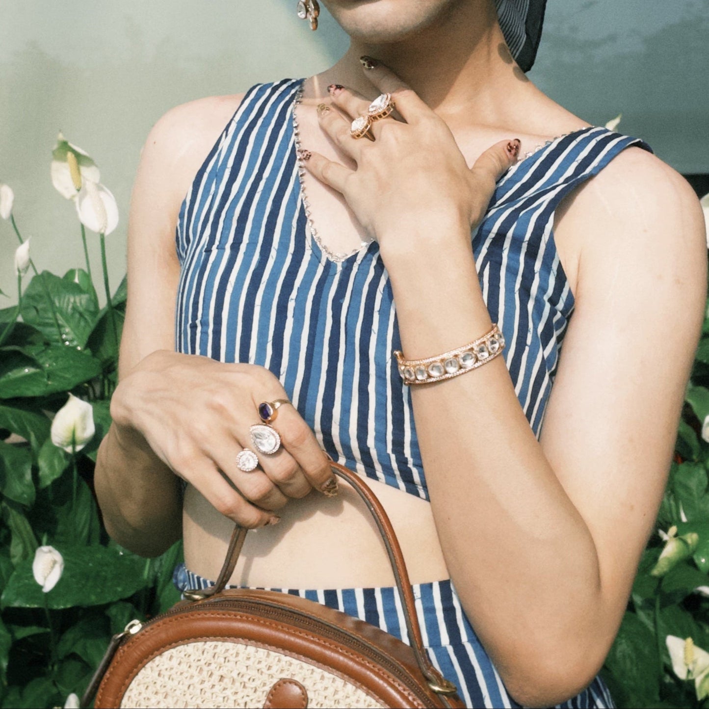 Zevar Club 22K Gold-Plated Handcrafted Kundan & Zirconia Studded Openable Bangle-Style Bracelet with Textured Mesh Design