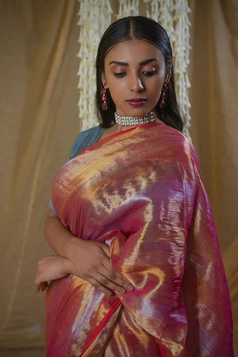 Peach Crown Jewel I Handloom Tissue saree