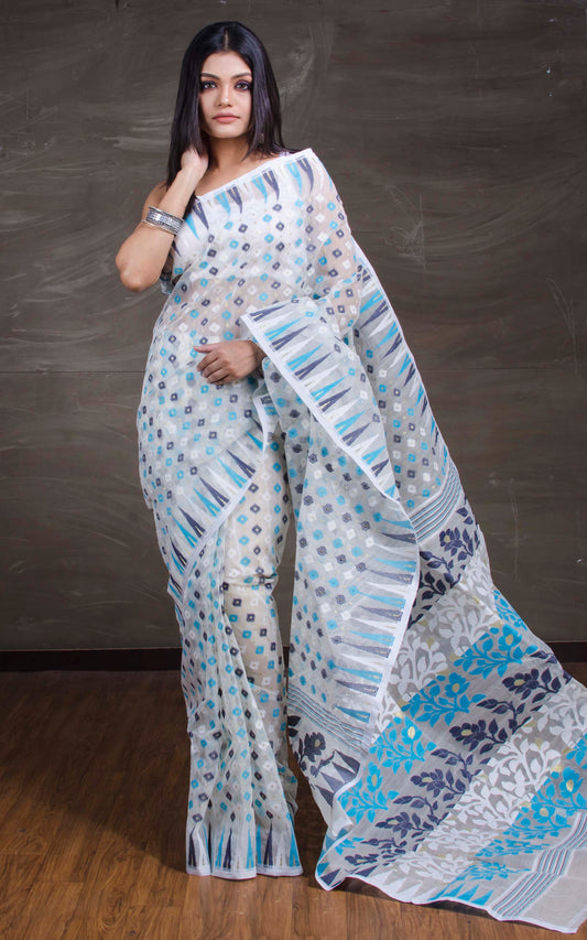 Traditional Soft Jamdani Saree in White and Multicolored Thread Work