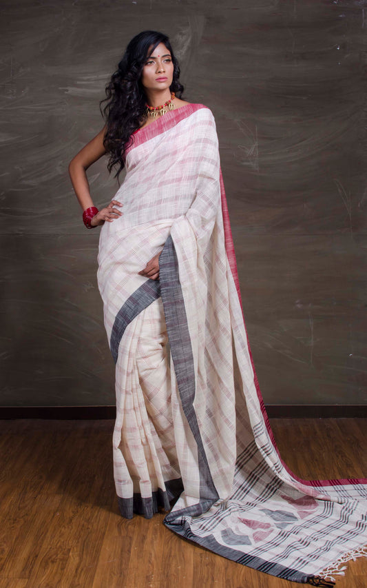 Soft Cotton Saree with Ganga Jamuna Border in Off White, Red and Black