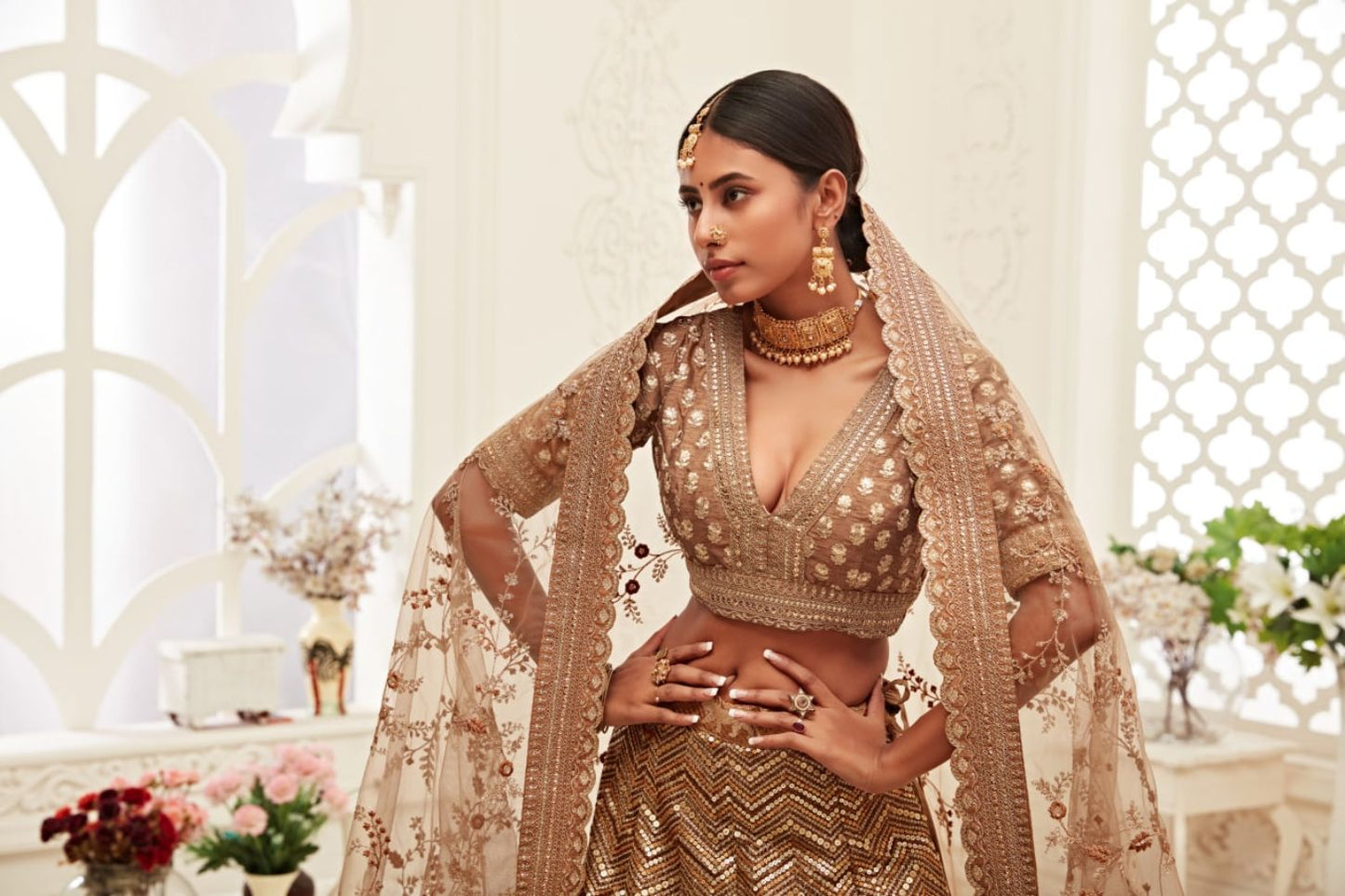 Brown Color Slub Silk Zari Embroidery Lehenga