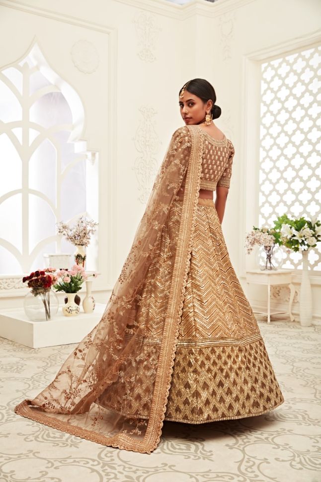 Brown Color Slub Silk Zari Embroidery Lehenga