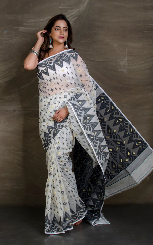 Handwoven Jamdani Saree in White and Black