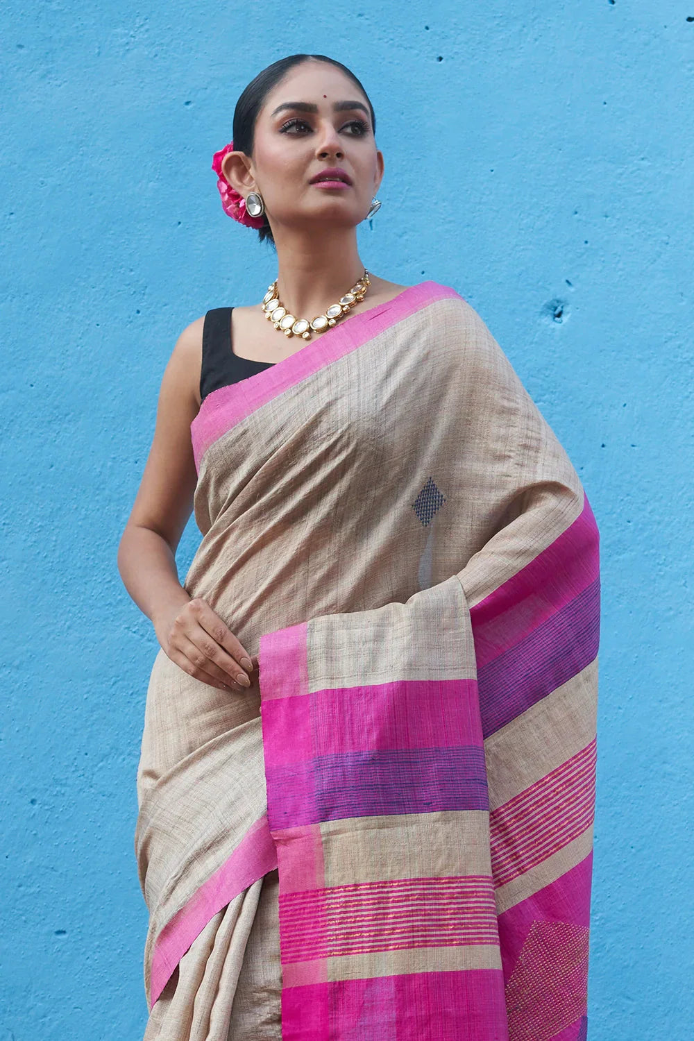 Handloom Pink Multi Colour Pure Tussar Silk Saree