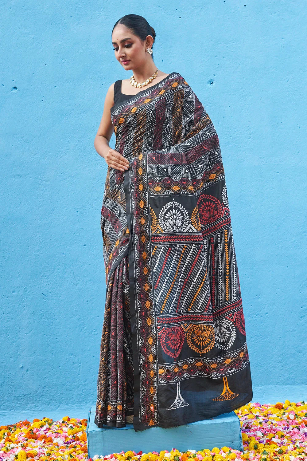 Handloom Black Muti Colour Pure Silk Kantha Saree