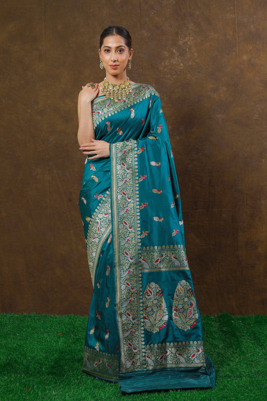 Teal Handwoven Kadwa Katan Silk Saree