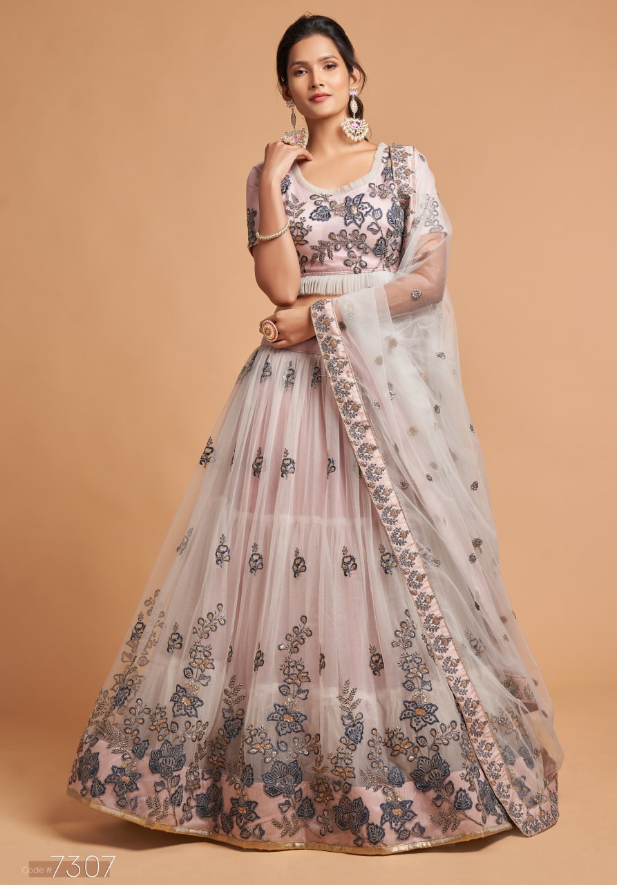 Grey Color Soft Net Zardozi Work Lehenga