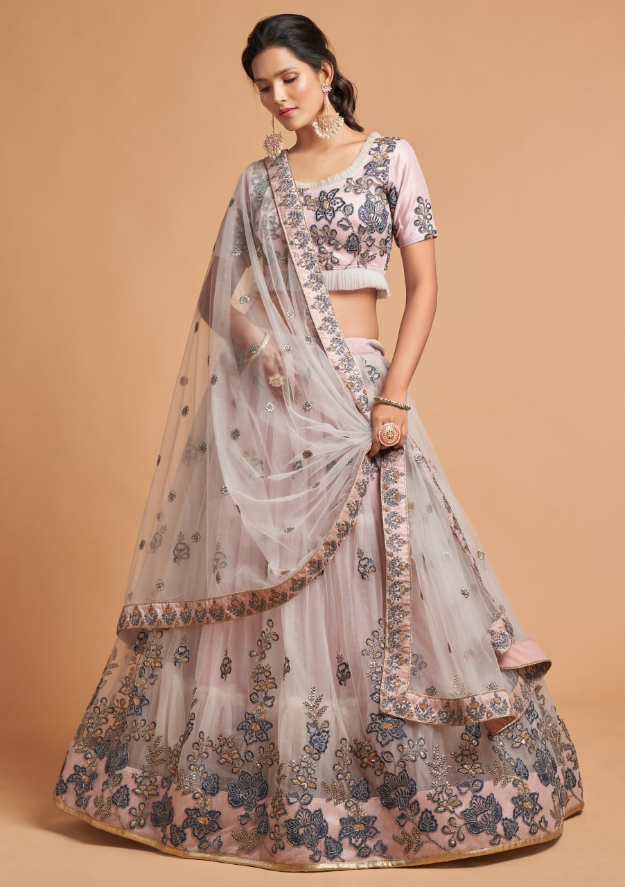 Grey Color Soft Net Zardozi Work Lehenga
