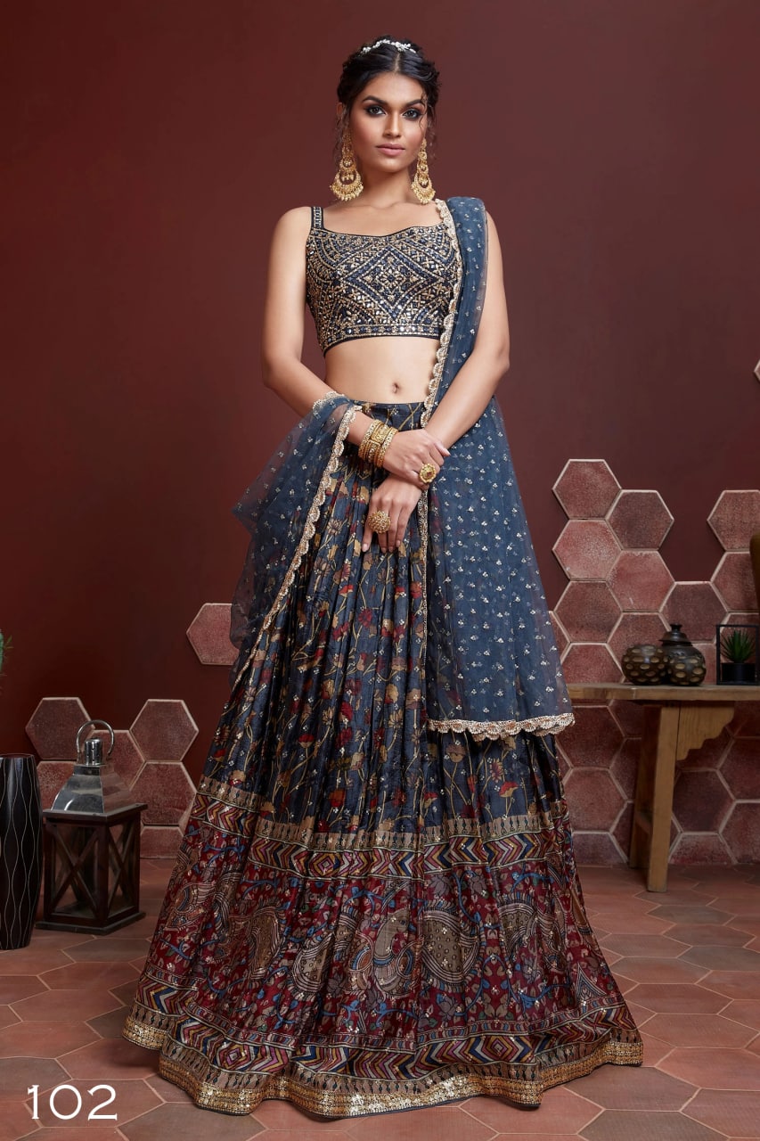 Blue Crepe Silk Floral Printed Lehenga