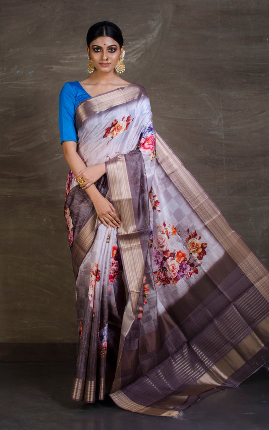 Digital Printed Silk Linen Saree in Light Grey and Coffee Brown
