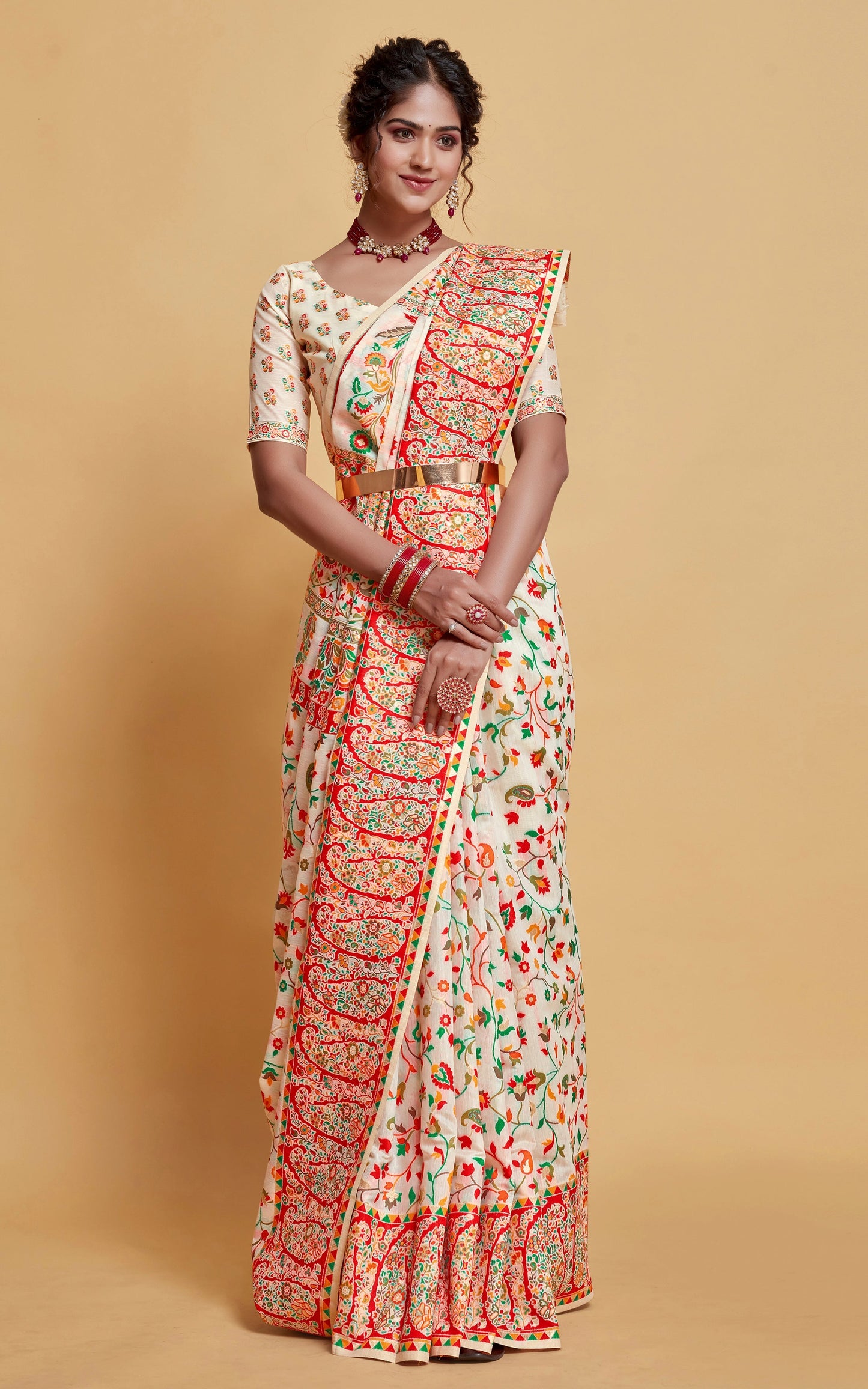 Kashmiri Handloom Modal Silk Woven Kani Saree In White, Red and Multicolored