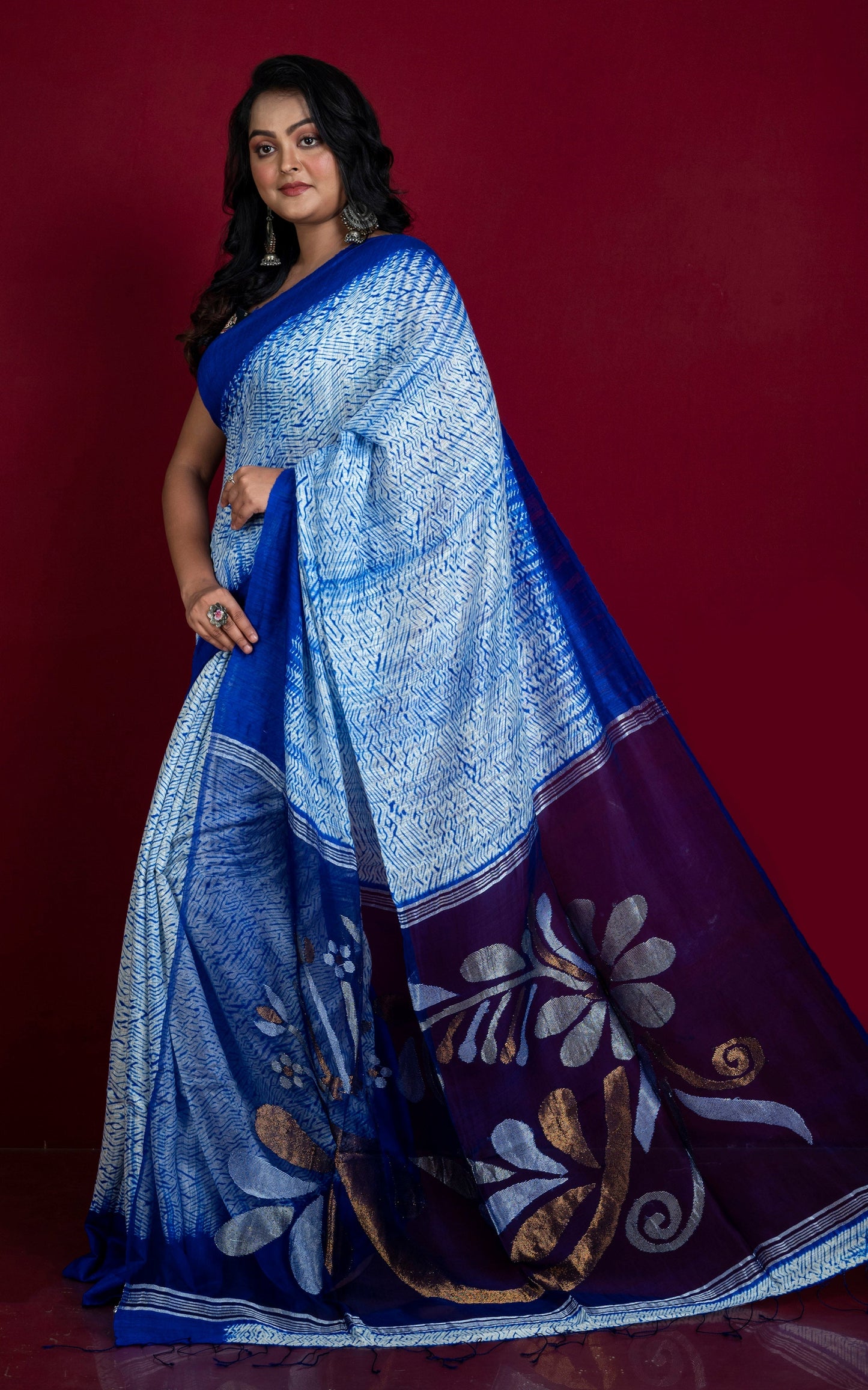 Tussar Shibori Matka Jamdani Saree in Off White, Royal Blue with Copper and Silver Zari Work