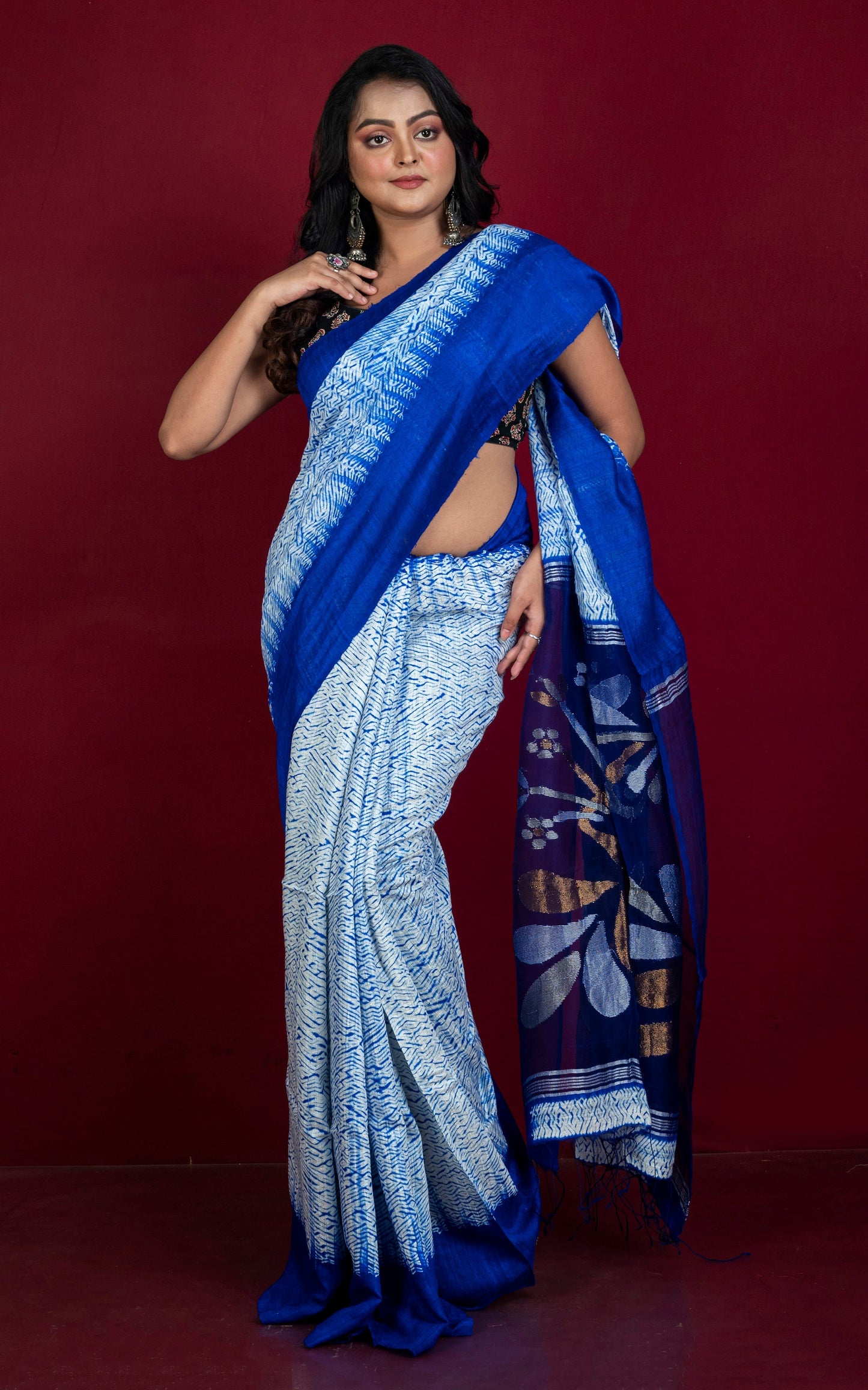 Tussar Shibori Matka Jamdani Saree in Off White, Royal Blue with Copper and Silver Zari Work