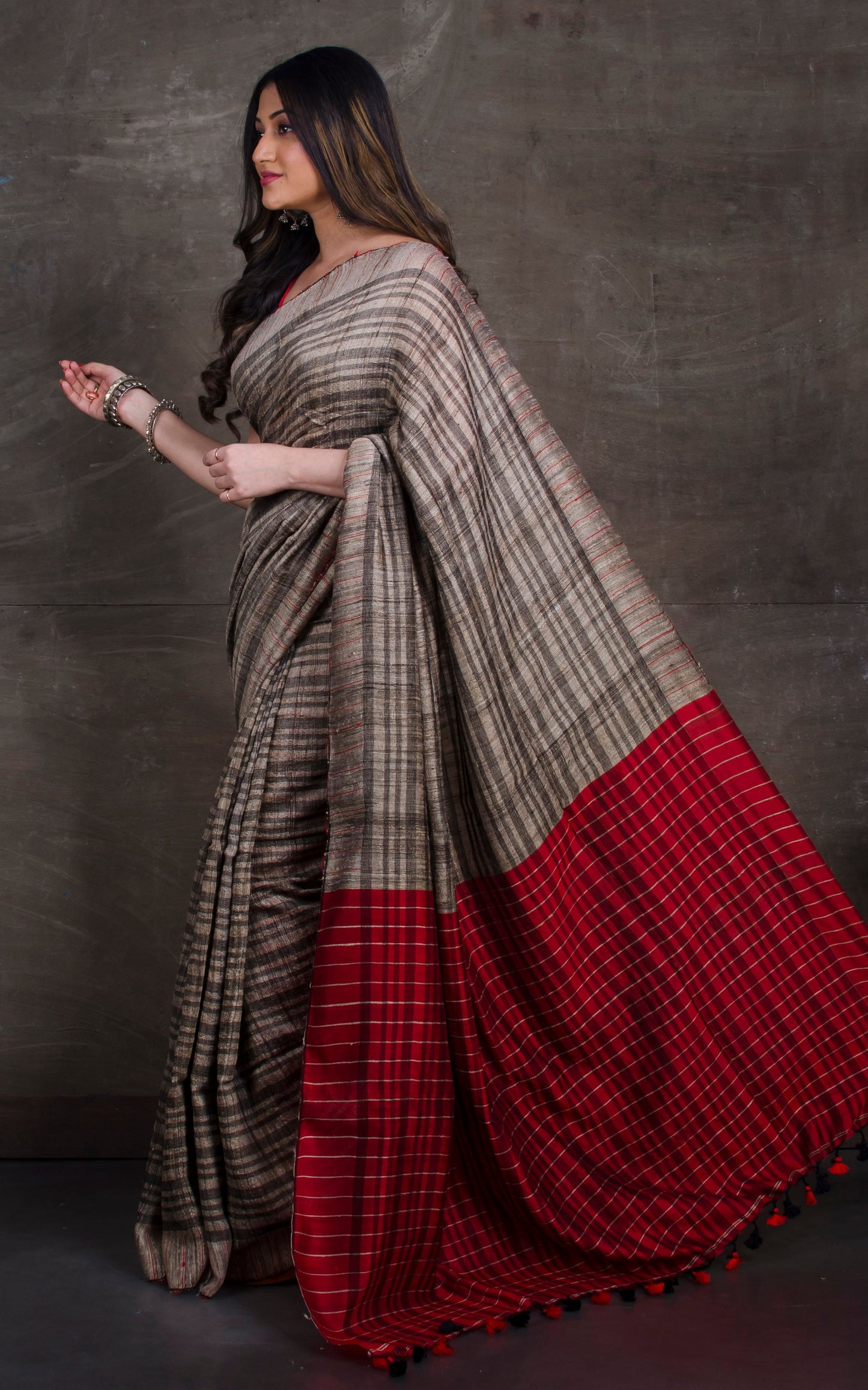 Soft Ketia Tussar Silk Saree in Beige, Black and Dark Red