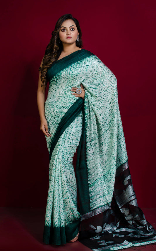Pure Handloom Matka Shibori Jamdani Saree in Off White and Green